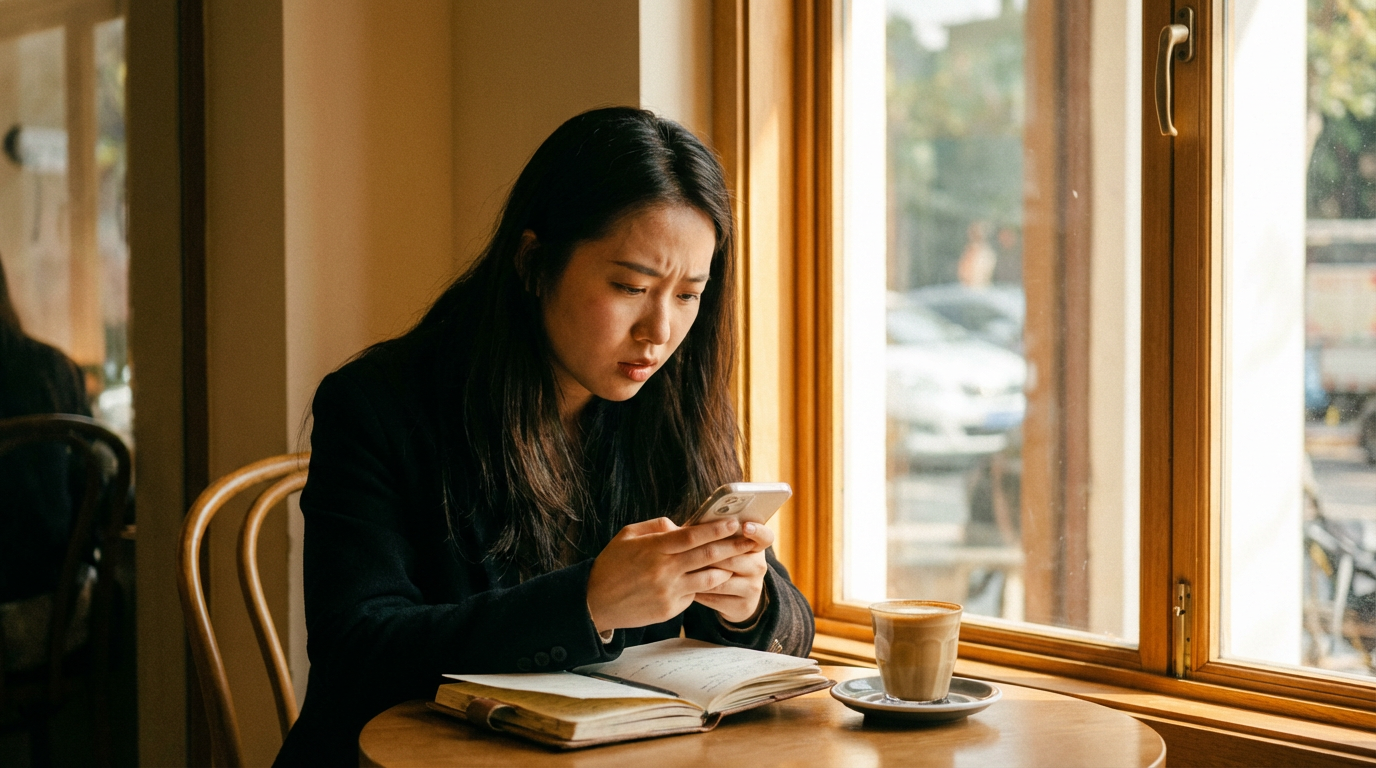 年轻人在咖啡馆刷小红书攻略，桌上散落旅行笔记