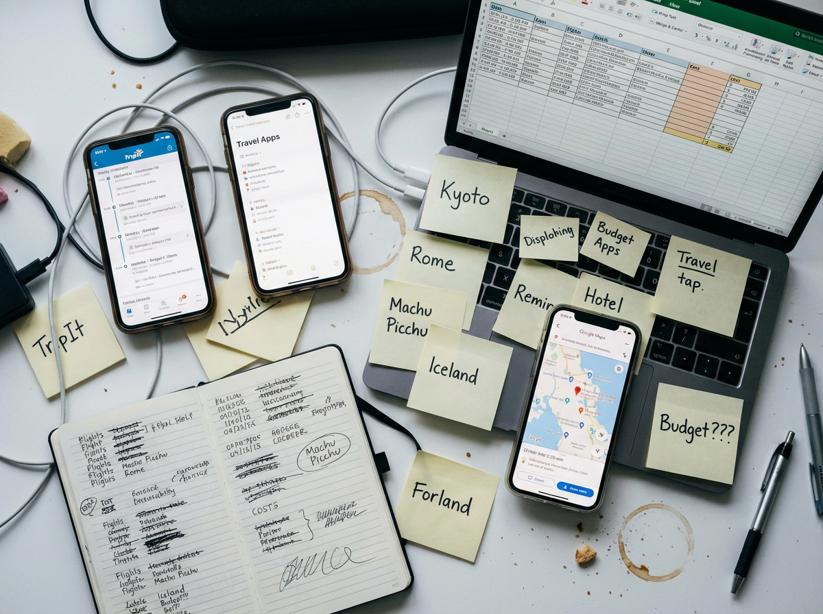 杂乱的旅行攻略规划现场：多部手机、便利贴、笔记本堆满桌面