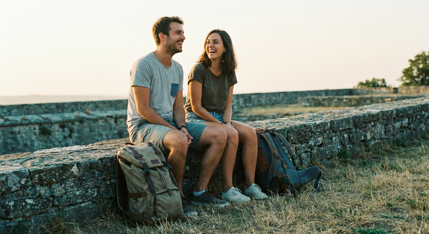 一群朋友围坐在一起看手机屏幕讨论旅行计划，氛围轻松愉快